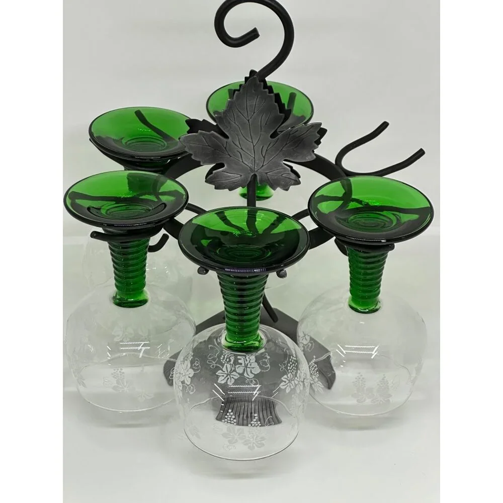 VTG‎ 80s Luminarc France Etched Wine Glass Set of 5 Green Ribbed Stem Grapevine